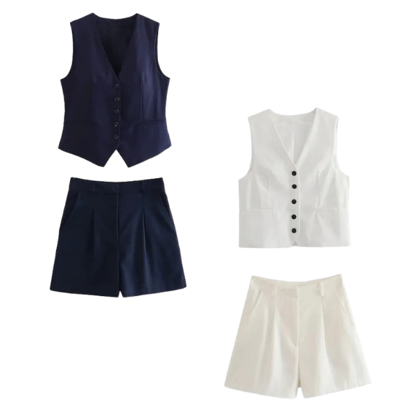 Conjunto Feminino Carolina em Alfaiataria - Colete e Shorts no Linho (Promoção Compre 1 Leve 2) +Frete Grátis