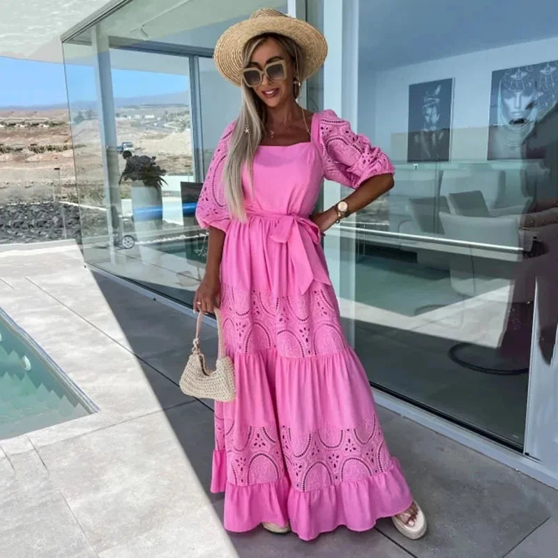 Vestido de Renda Bianca - Longo de Manga Curta- Ideal para todas as ocasiões +Frete Grátis