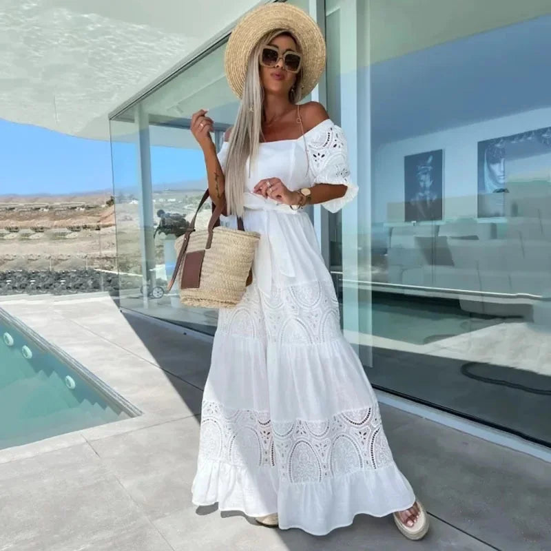 Vestido de Renda Bianca - Longo de Manga Curta- Ideal para todas as ocasiões +Frete Grátis