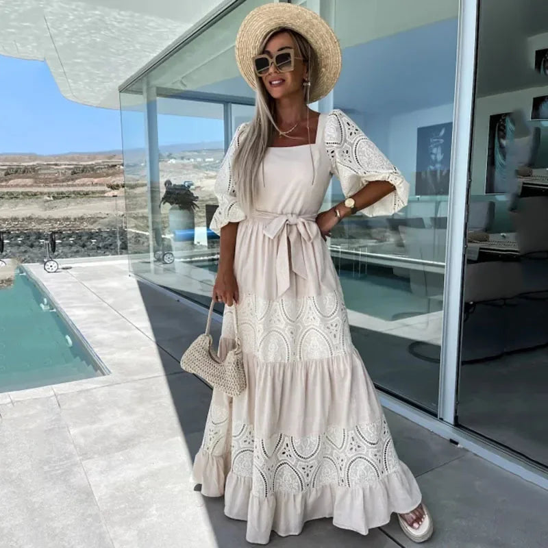Vestido de Renda Bianca - Longo de Manga Curta- Ideal para todas as ocasiões +Frete Grátis