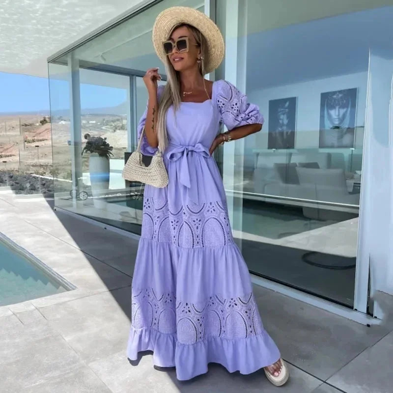 Vestido de Renda Bianca - Longo de Manga Curta- Ideal para todas as ocasiões +Frete Grátis