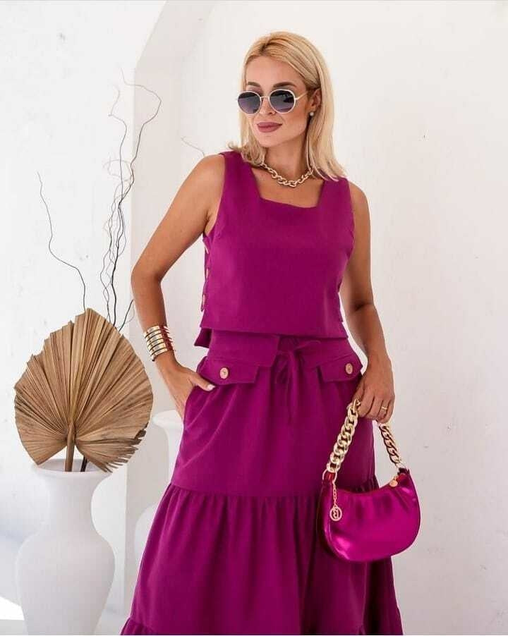 Conjunto Feminino Luiza- Saia longa e Regata com Botões em linho + Frete grátis
