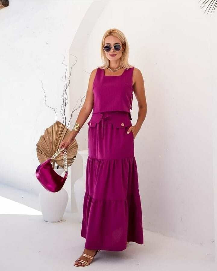Conjunto Feminino Luiza- Saia longa e Regata com Botões em linho + Frete grátis