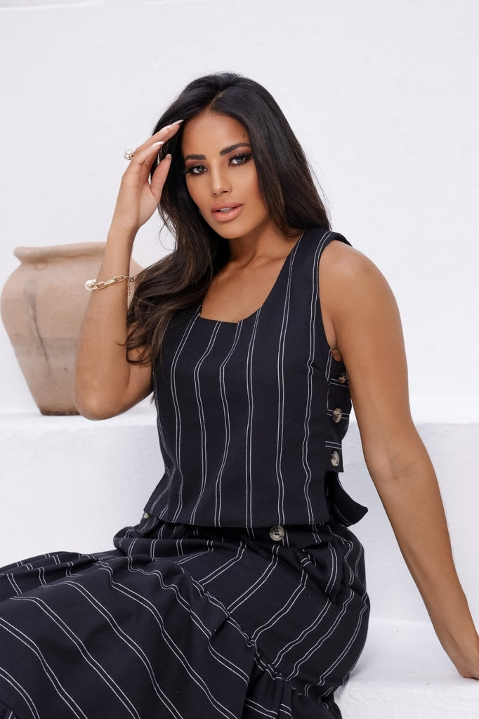 Conjunto Feminino Luiza- Saia longa e Regata com Botões em linho + Frete grátis