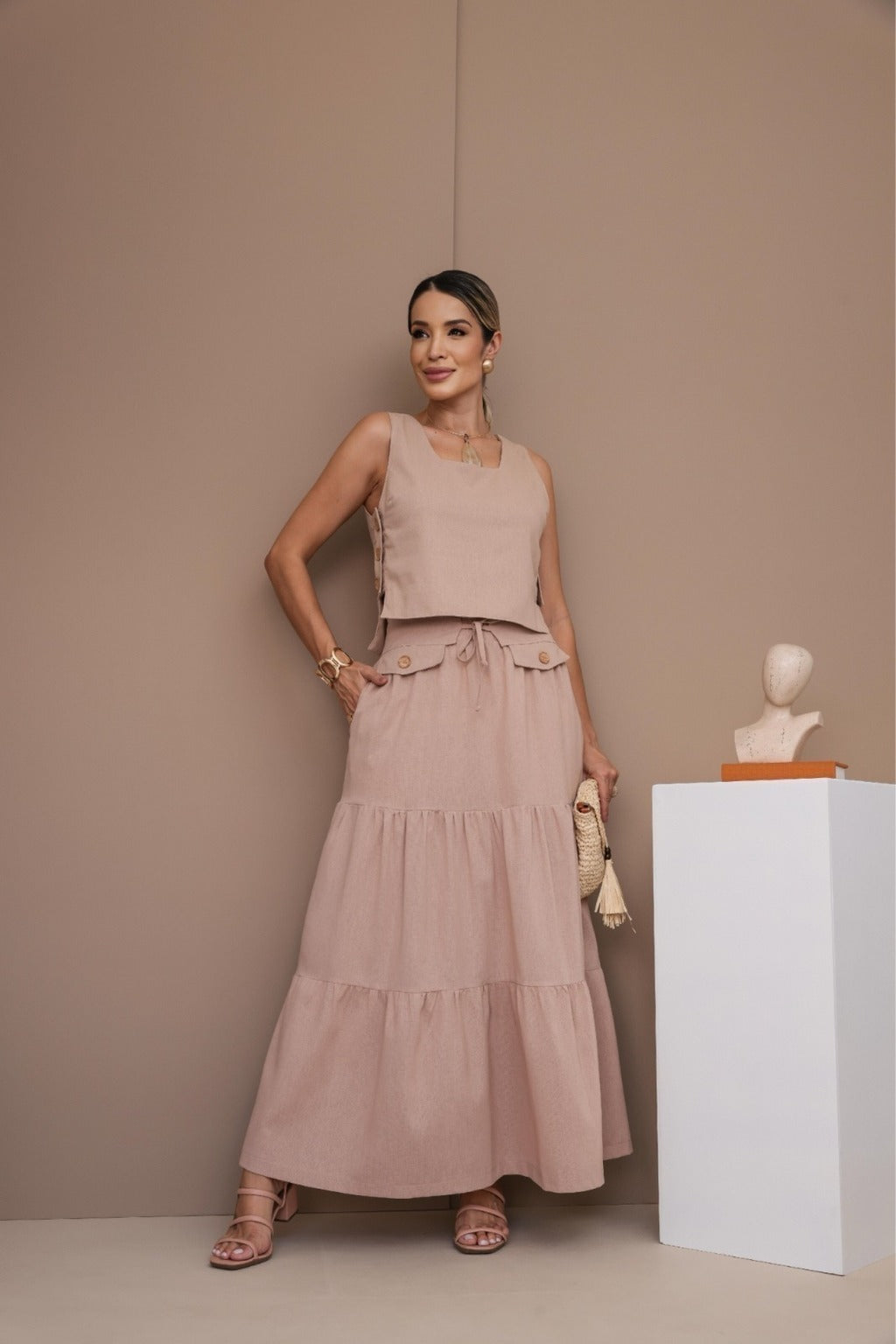 Conjunto Feminino Luiza- Saia longa e Regata com Botões em linho + Frete grátis