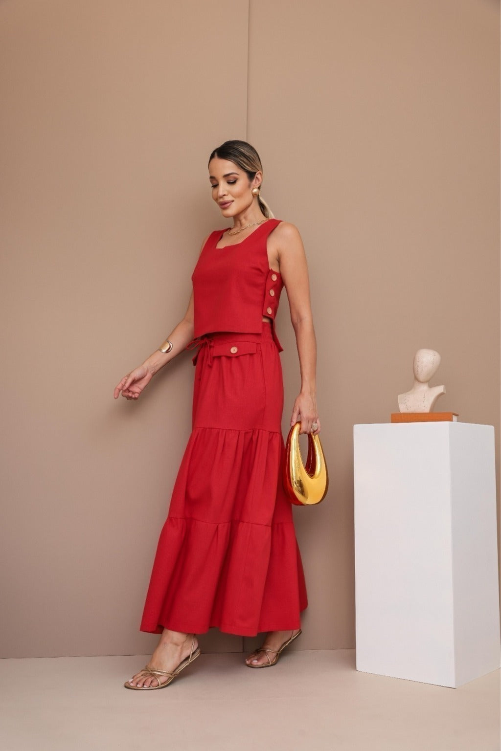 Conjunto Feminino Luiza- Saia longa e Regata com Botões em linho + Frete grátis