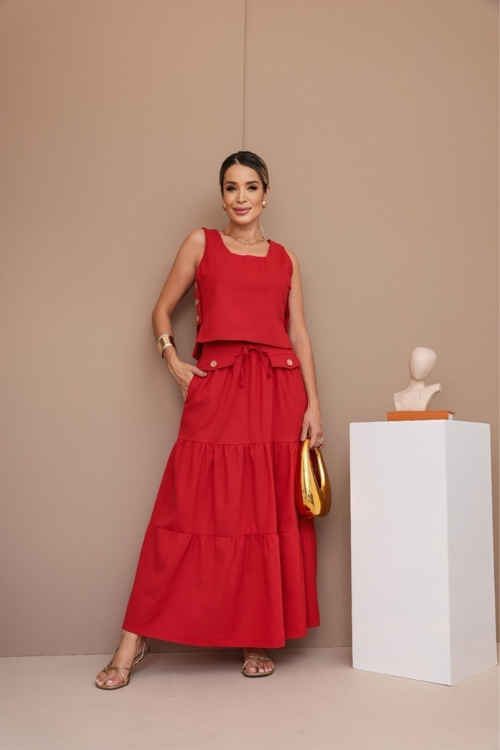 Conjunto Feminino Luiza- Saia longa e Regata com Botões em linho + Frete grátis