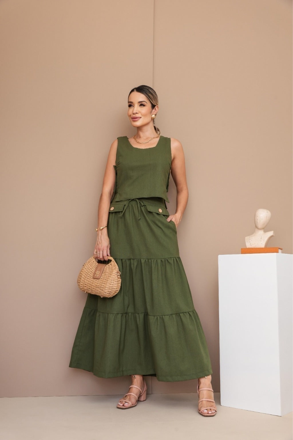 Conjunto Feminino Luiza- Saia longa e Regata com Botões em linho + Frete grátis