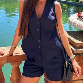 Conjunto Feminino Carolina em Alfaiataria - Colete e Shorts no Linho (Promoção Compre 1 Leve 2) +Frete Grátis