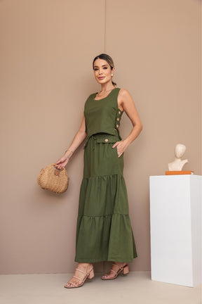 Conjunto Feminino Luiza- Saia longa e Regata com Botões em linho